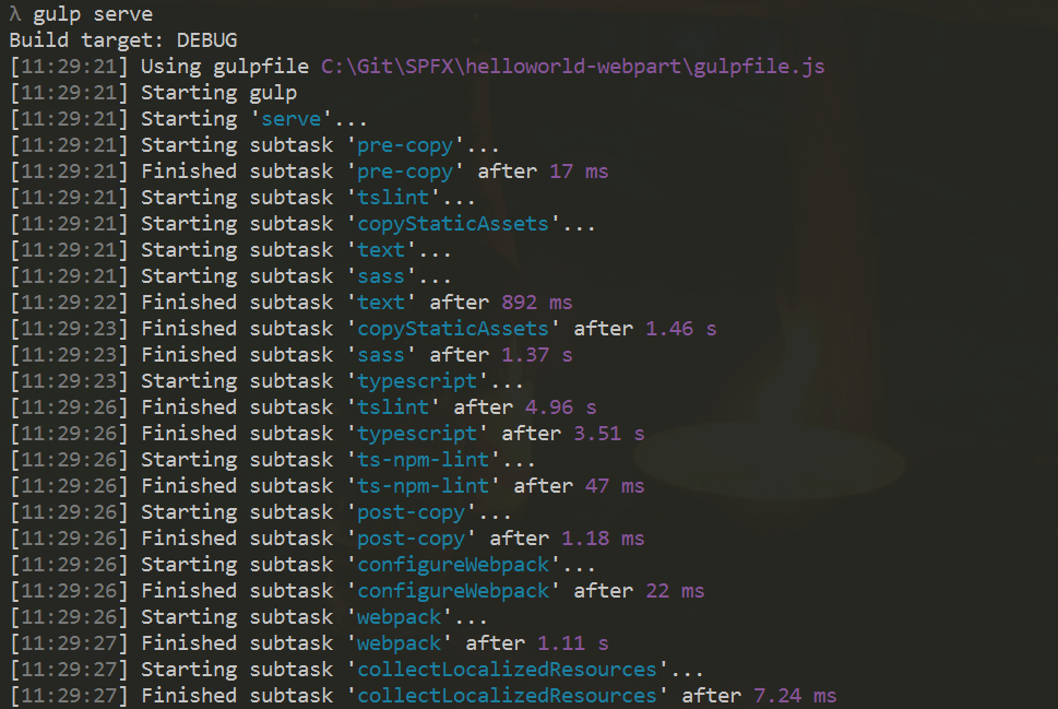 Gulp serve web part project
