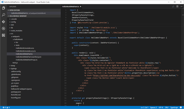 HelloWorld web part project in Visual Studio Code