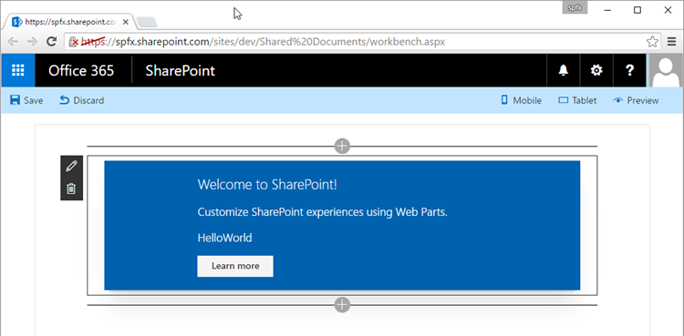 HelloWorld web part running in SharePoint Workbench running in a SharePoint Online site