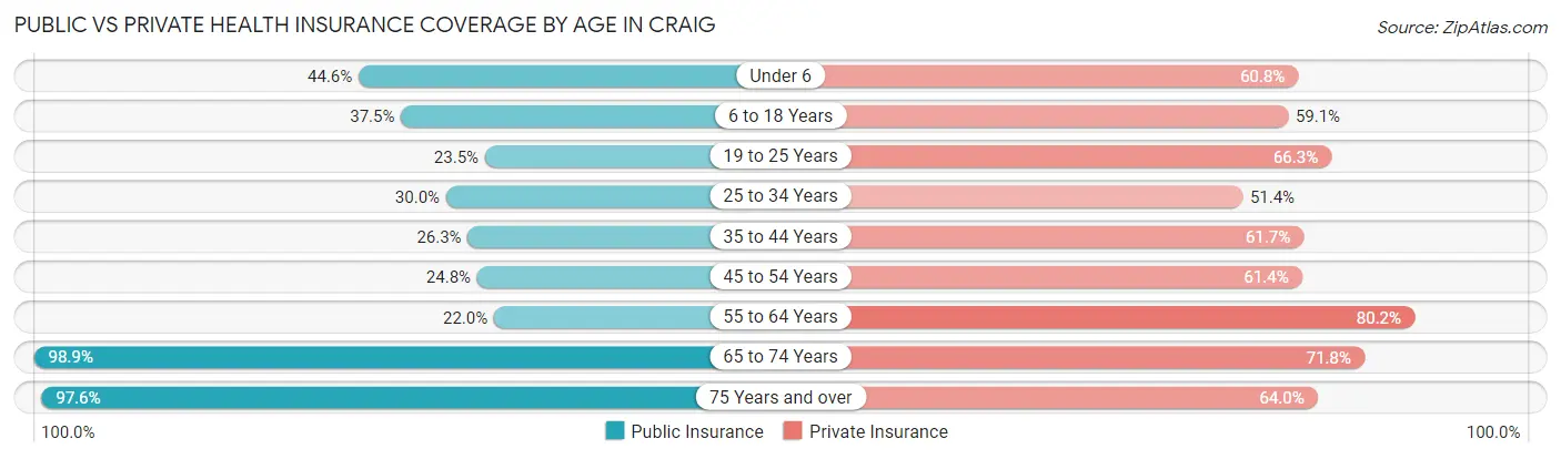 Public vs Private Health Insurance Coverage by Age in Craig