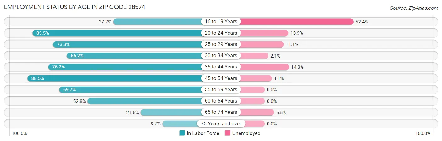 Employment Status by Age in Zip Code 28574