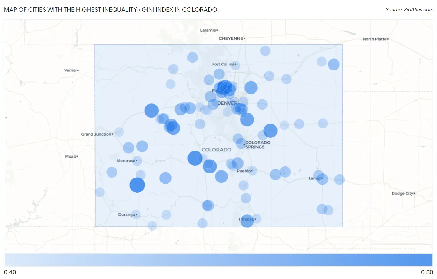 Cities with the Highest Inequality / Gini Index in Colorado Map