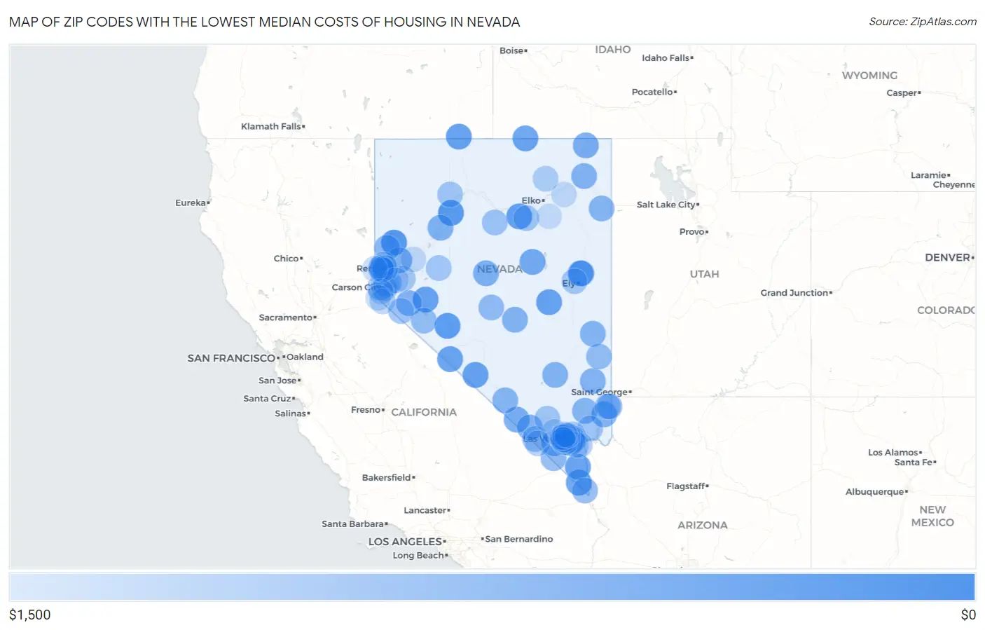 Zip Codes with the Lowest Median Costs of Housing in Nevada Map