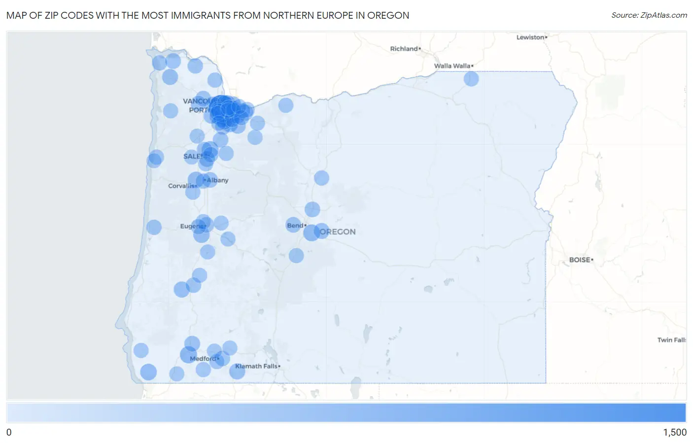 Zip Codes with the Most Immigrants from Northern Europe in Oregon Map