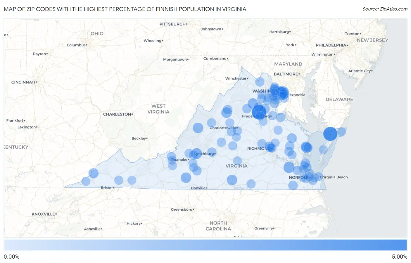 Zip Codes with the Highest Percentage of Finnish Population in Virginia Map