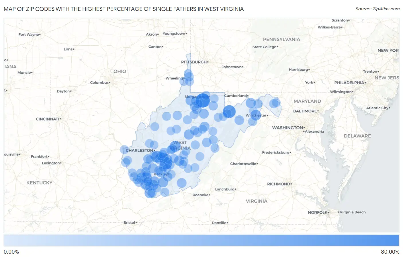 Zip Codes with the Highest Percentage of Single Fathers in West Virginia Map
