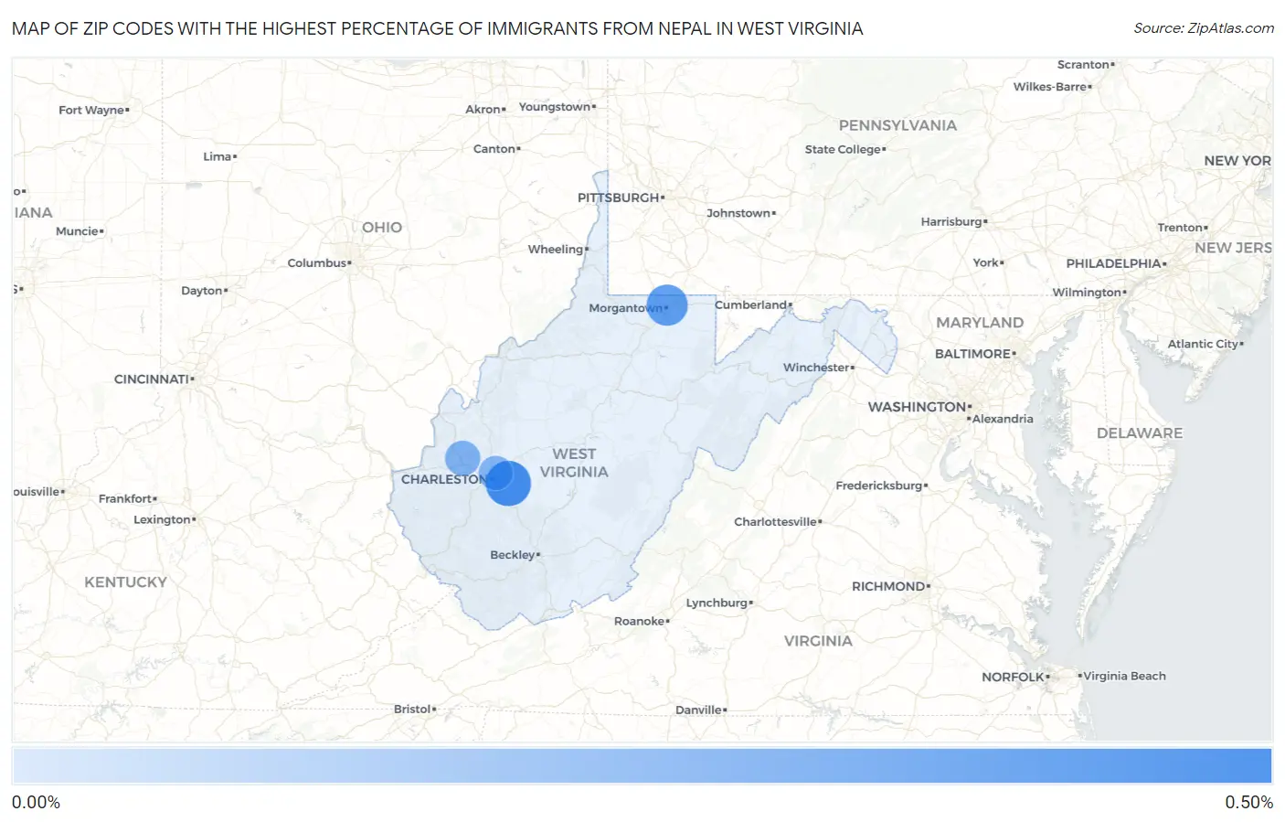 Zip Codes with the Highest Percentage of Immigrants from Nepal in West Virginia Map