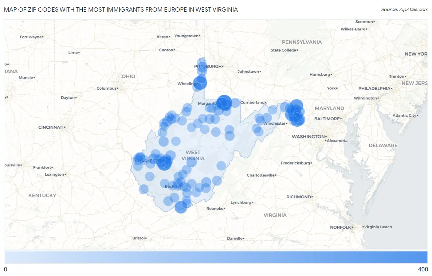 Zip Codes with the Most Immigrants from Europe in West Virginia Map