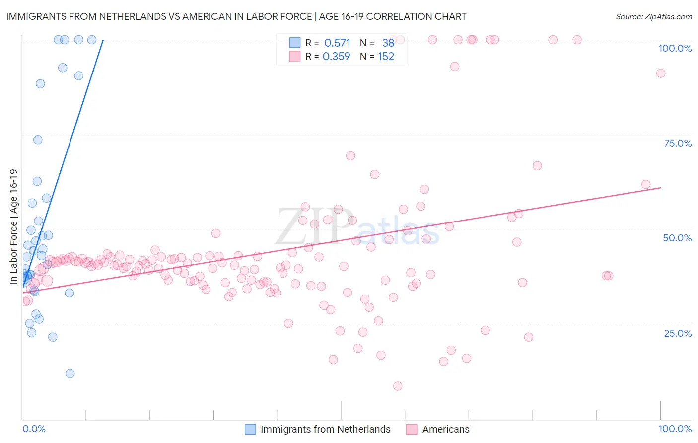 Immigrants from Netherlands vs American In Labor Force | Age 16-19
