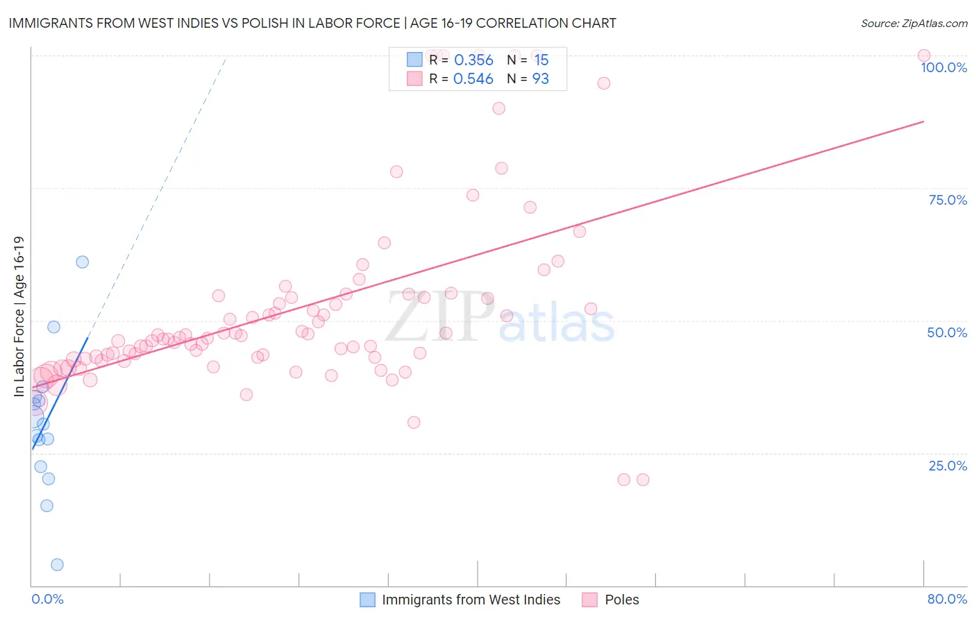 Immigrants from West Indies vs Polish In Labor Force | Age 16-19