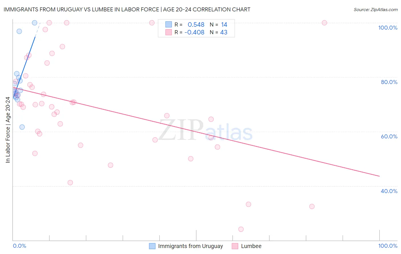 Immigrants from Uruguay vs Lumbee In Labor Force | Age 20-24