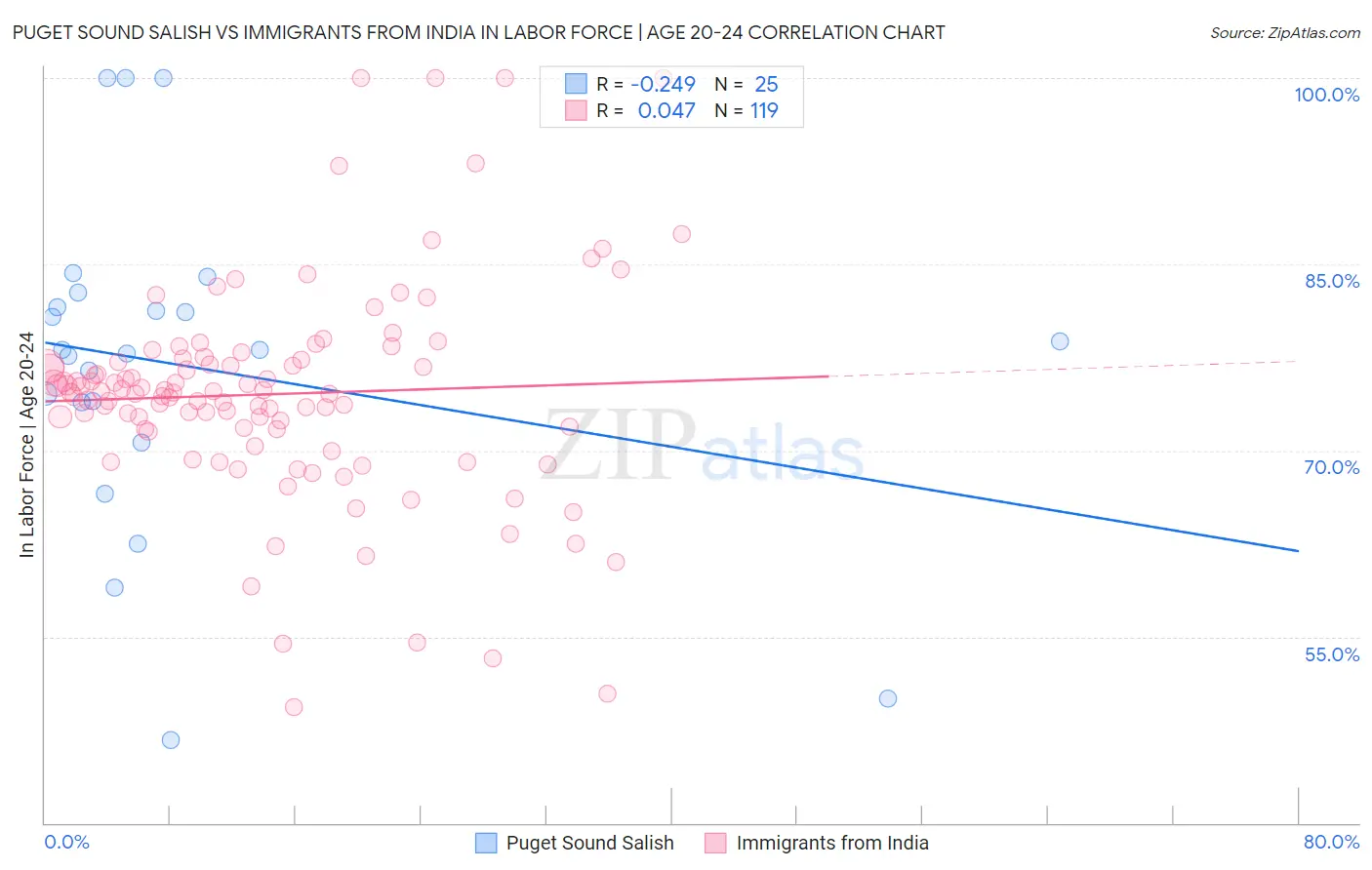 Puget Sound Salish vs Immigrants from India In Labor Force | Age 20-24