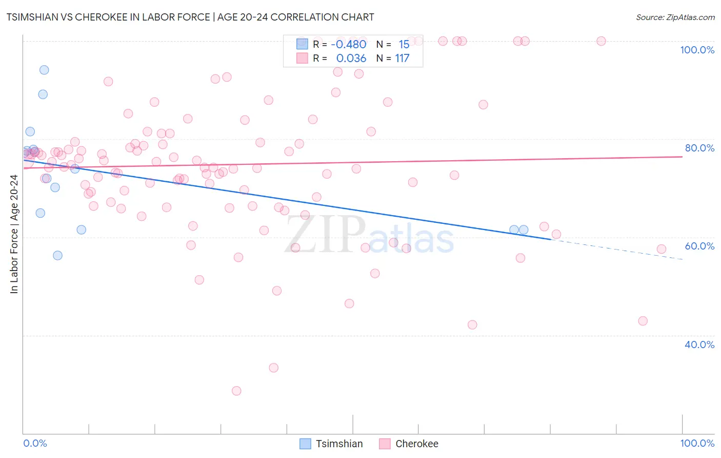 Tsimshian vs Cherokee In Labor Force | Age 20-24