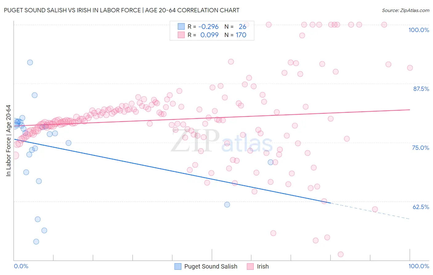 Puget Sound Salish vs Irish In Labor Force | Age 20-64