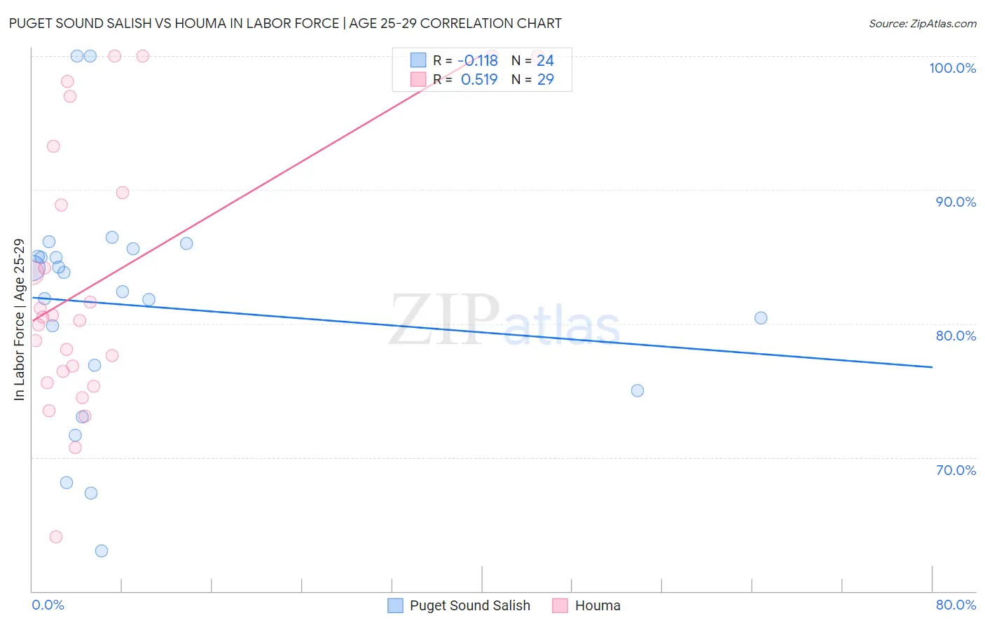 Puget Sound Salish vs Houma In Labor Force | Age 25-29
