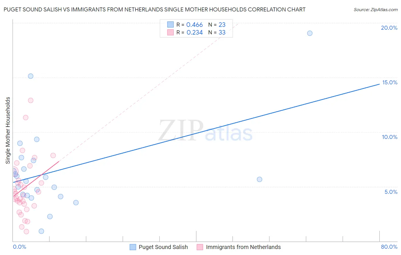 Puget Sound Salish vs Immigrants from Netherlands Single Mother Households